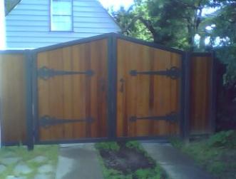Ornamental Iron and Wood Driveway Gate with Custom Strap Hinges